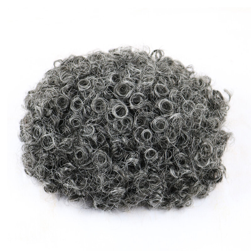 合成カーリー人間の髪の毛耐久性のあるモノボンドnpu通気性のある髪交換システム灰色の髪混合15mm curlプロムブラック