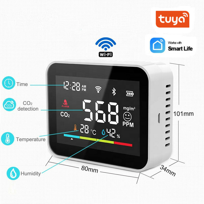 Tuya Wifi Smart Accurate Real Time Indoor Air Co2 Smoke Alarm Detector for Ventilatie Corona Safety Carbon Dioxide Sensor