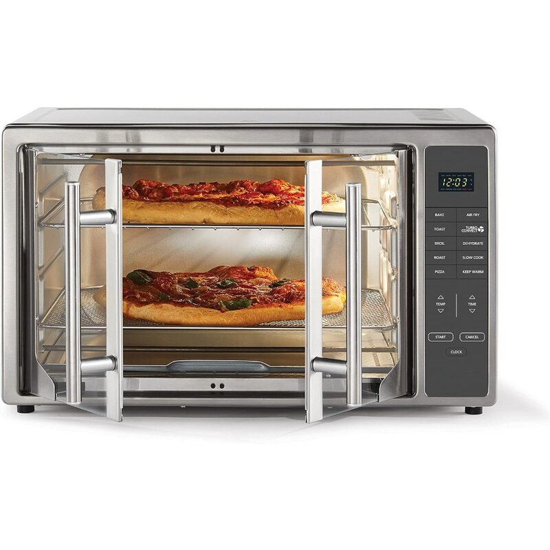 Oven Air Fryer, Oven pemanggang meja 10-in-1, XL cocok untuk 2 16 "pizza, kontrol Digital, pintu Prancis baja tahan karat, penggoreng udara
