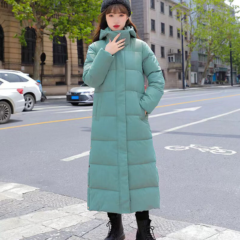 Zoki Winter Parka Hooded Female Long Coats Thick Warm Oversize Knee Jacket Fashion Side Breasted Solid All Match Outwear New