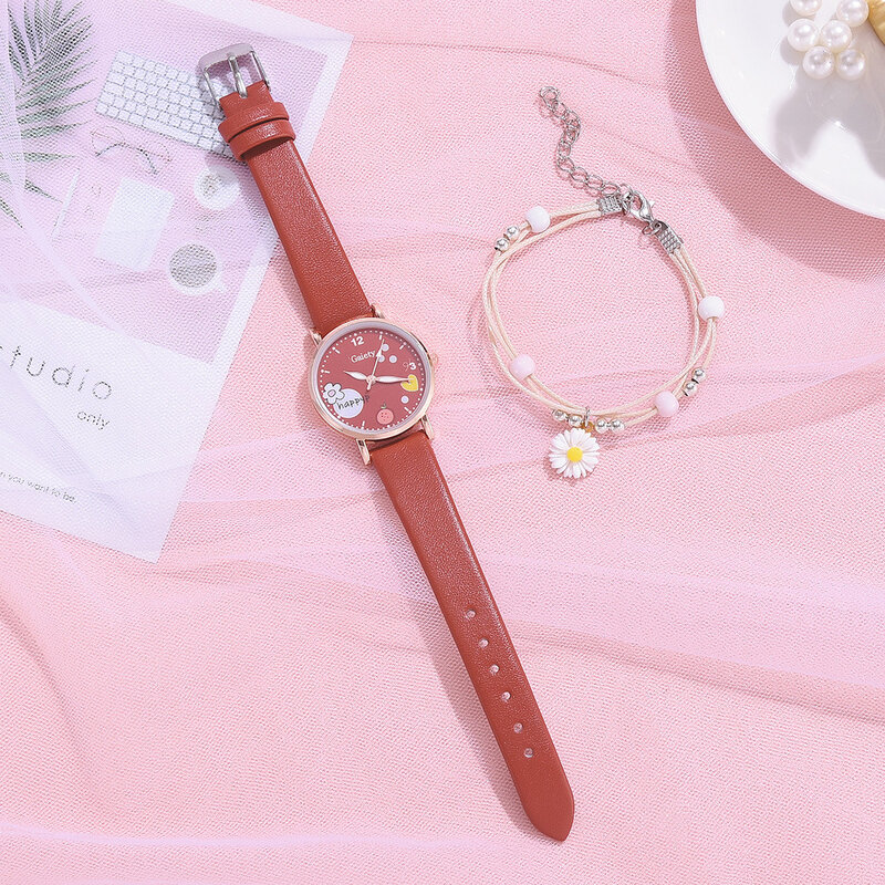 Heiße Mode Quarz Kinder Uhr Armband Set Quarz Uhren Mädchen Geschenk Student Armbanduhr Pu Leder Rose Gold Uhr für Frauen