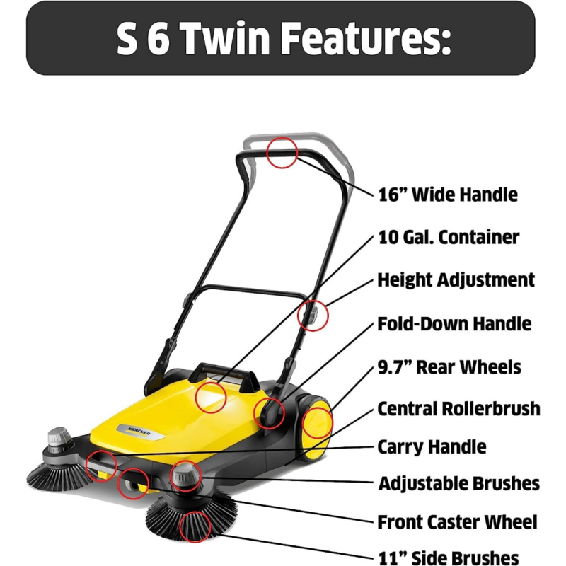 Kevcher-S 6 Twin Walk-Behind Outdoor Mão Push Floor Sweeper, 10 Galão de Capacidade, 33,9 "Largura varredura, varre até 20.300