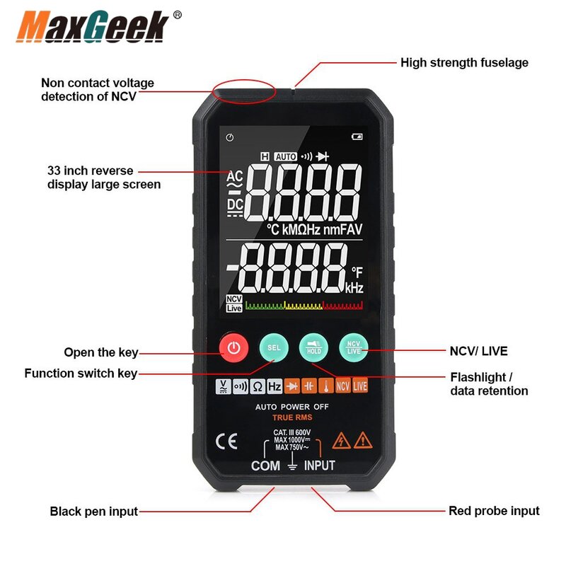 Maxgeek fy107c intelligenter digitaler Multimeter-Tester AC/DC-Spannungs widerstands tester mit Temperatur fühler
