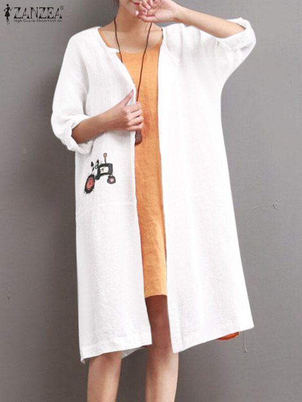 ZANZEA kardigan liburan untuk wanita, jubah pantai kasual longgar motif kartun, atasan panjang ukuran besar berkancing Korea untuk wanita