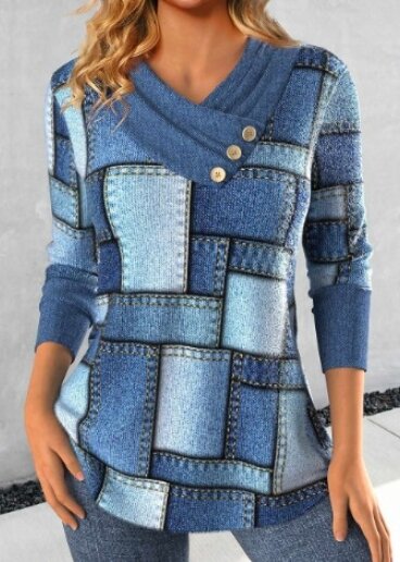 Suéter de manga larga con cuello en V para mujer, suéter básico versátil con diseño empalmado de tres botones, Color de contraste, invierno, 2023
