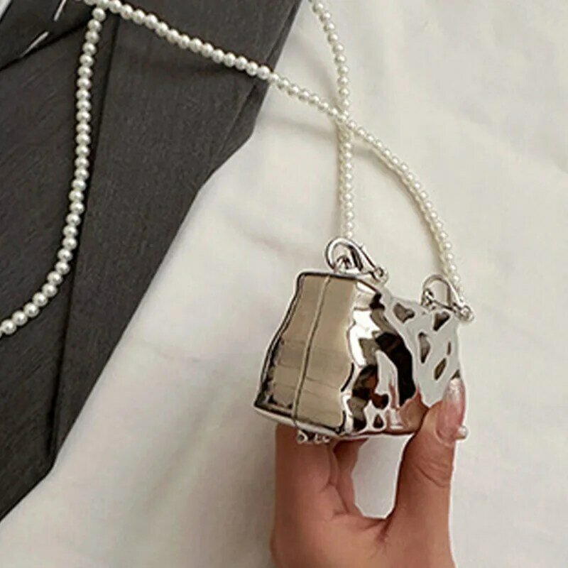 Mini Metal Evening Handbag Box for Lady 2024 Trend Pearl Chain Crossbody Shoulder Girl Lipstick Satchel Purse Wedding Bridal Bag