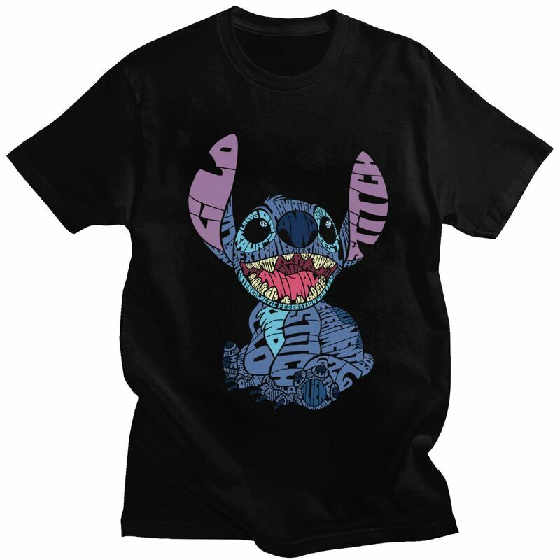 Disney Stitch sztuka z drewna męska koszulka z motywem Anime 100% bawełniana koszulka z krótkim rękawem