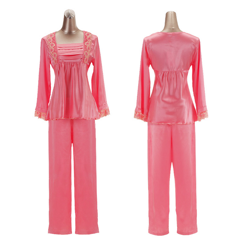 Conjunto de pijamas de seda satinada de lujo para mujer, de manga larga ropa de dormir, ropa de casa, pijama de cuello cuadrado, 2 piezas