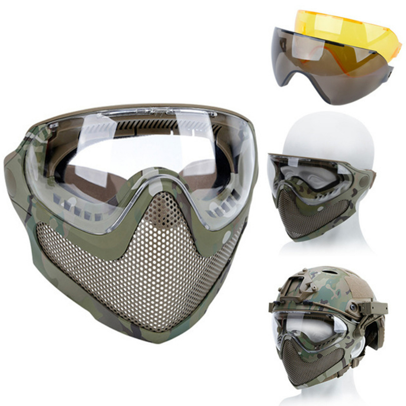 Tactical Face Mask Anti-Fog Goggle Paintball Airsoft Cs Shooting Steel Mesh Breathable Protective Head Helmet Masks Hunting Gear