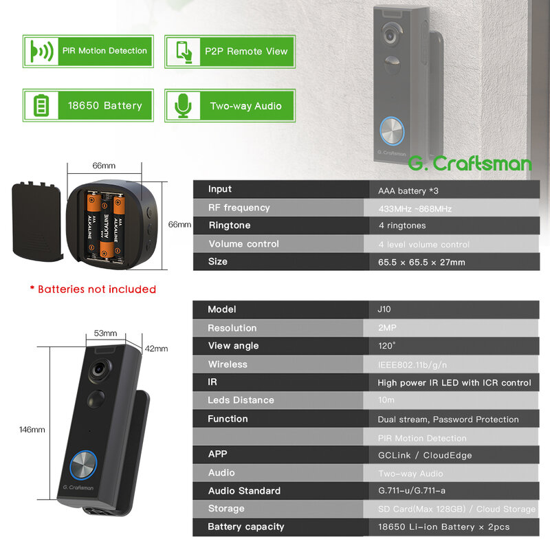 G.Craftsman J10 Wireless WiFi Video Doorbell Camera with Battery,Smart PIR Motion Detection,Night Vision,Intercom Doorbell Ring