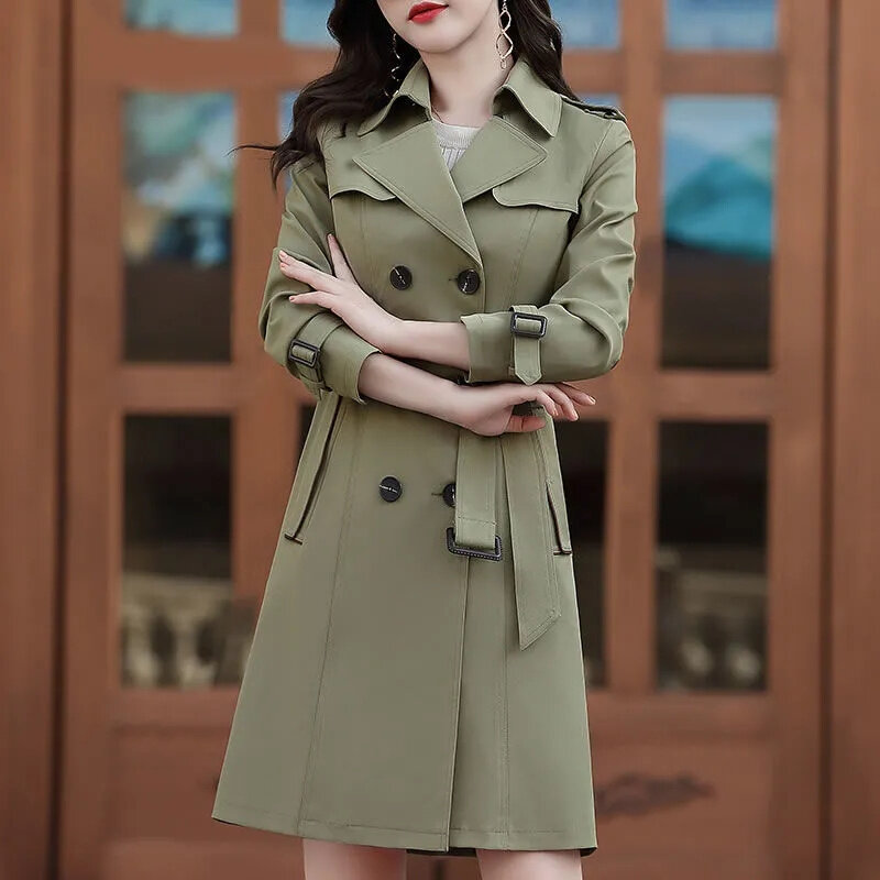 2024 Spring and Autumn Windbreaker Women's Mid Length Slim Fit Versatile Fashion Women's New Casual Double Breasted Coat Female