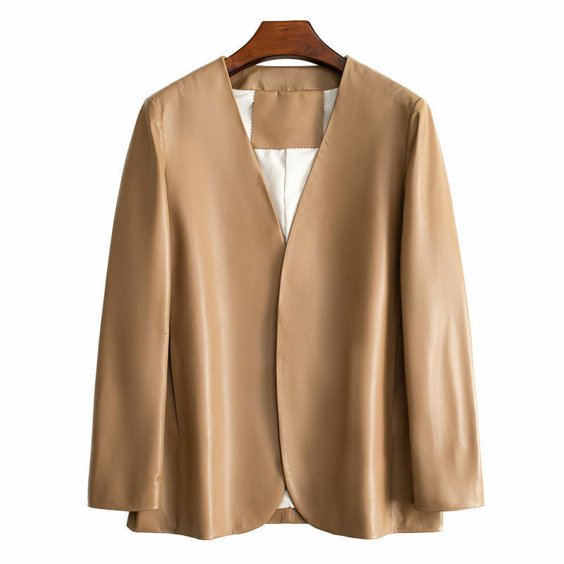 Abrigo de piel de oveja auténtica para mujer, abrigo de longitud media con cuello en V, primavera y otoño, nueva moda