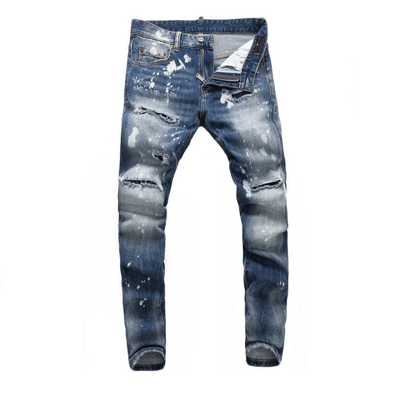 High Street Fashion pria Jeans Retro biru melar elastis Slim Fit robek Jeans Pria dilukis desainer Hip Hop celana merek Hombre