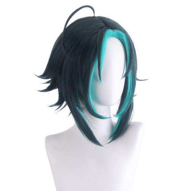 Peluca de Cosplay de Genshin Impact Xiao, pelo corto y liso sintético verde oscuro, resistente al calor