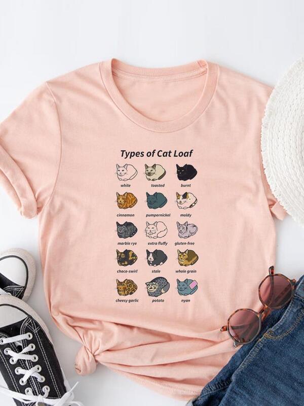 T-shirt manches courtes femme, décontracté et à la mode, avec image de chat et lettres des années 90