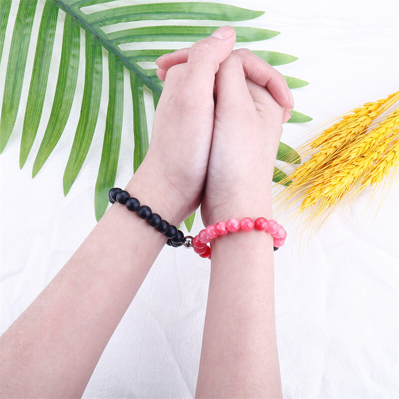 2Pcs Natural Stone Bead Bracelet for Lovers Heart Magnet Attraction Couple Distance Bracelets Friend Jewelry Gift Elastic Bangle