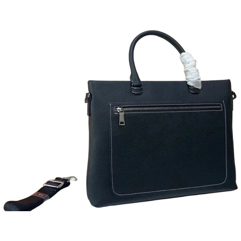 Bolso de mano negro de cuero genuino, maletín, bolso de ordenador, bolso de viaje