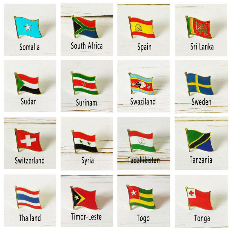 Bandeira nacional de metal lapela pin, emblema país, todo o mundo, algum dia, África do Sul, Portugal, Suécia, Quênia, Tanzânia, Tailândia, Togo