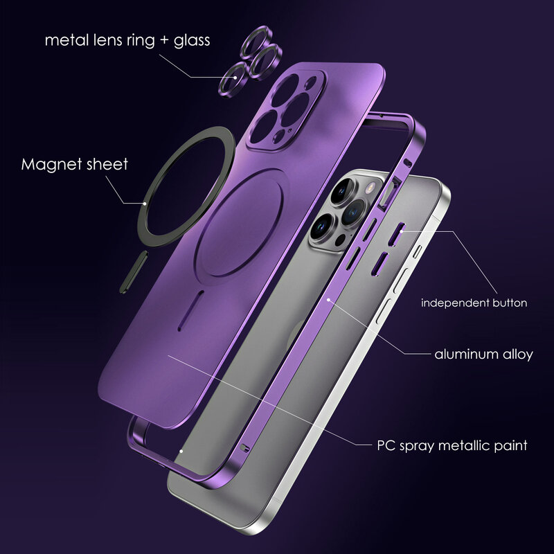 Caixa magnética de alumínio para iPhone 13 12 14 15 Pro Max 15Plus Magsafe Lente de vidro de carregamento sem fio para PC