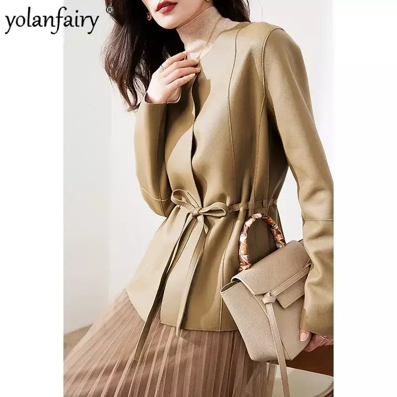 Jaqueta de couro genuíno feminina simples marca de moda jaquetas de couro feminino casaco de pele carneiro curto roupas finas primavera outono 2023