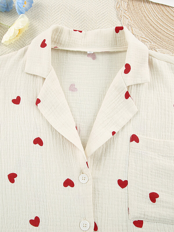 Hiloc-Pyjama en Coton Imprimé Love pour Femme, Poche à Simple Boutonnage, Vêtements de Nuit à Revers et Manches sulf, Nouvelle Collection 2023