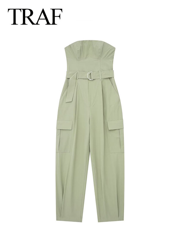TRAF-mono verde liso con cinturón para mujer, pantalones Cargo verdes sin mangas, ropa holgada y elegante de calle, Y2K, novedad de 2023