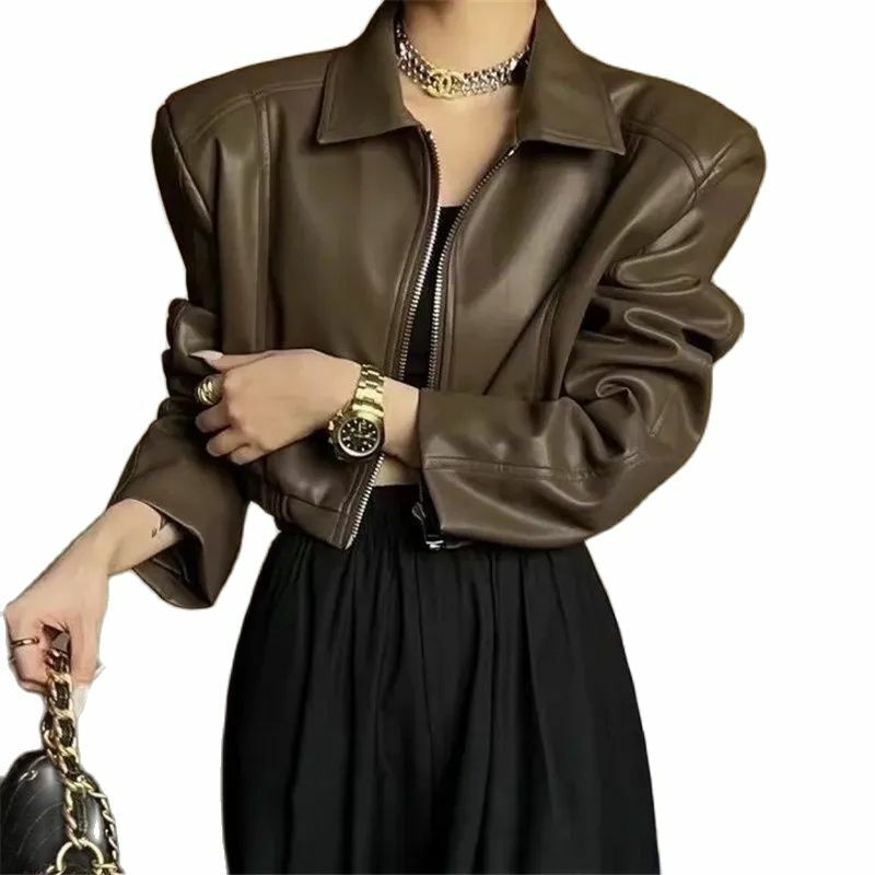 Модная дизайнерская короткая мотоциклетная куртка, женская кожаная одежда, новинка 2023, пальто в Корейском стиле на весну, осень и зиму, женские топы