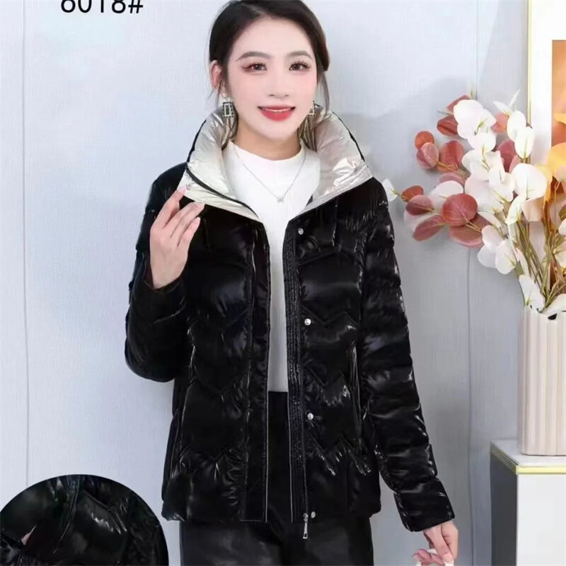 Western-Style Glossy Cotton Padded Jacket Female Short2023 Autumn Winter New Down Coat Women Parkas Stand Collar Fashion Outcoat