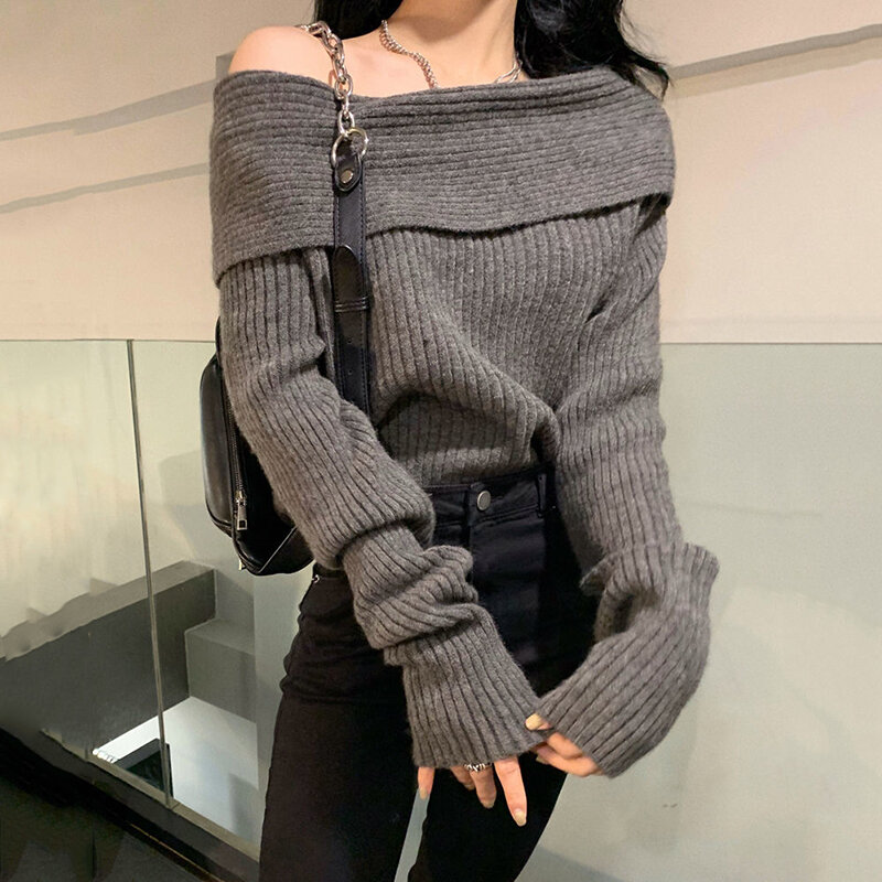 Вязаный свитер Lucyever с воротником-лодочкой, женские сексуальные пуловеры с открытыми плечами и длинным рукавом, женские корейские элегантные утепленные Облегающие джемперы, Топ