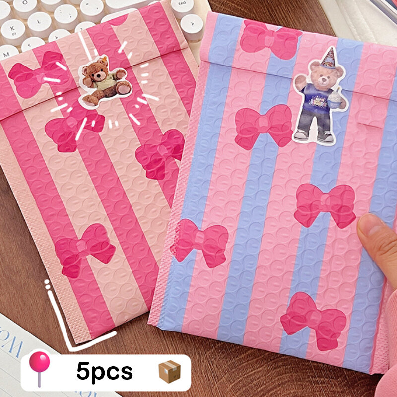 5 шт. милый пузырчатый конверт с бантом, розовый, синий пузырчатый полиэтиленовый водонепроницаемый самозакрывающийся пакет для почтовых отправлений, мягкие конверты, подарочные пакеты для упаковки