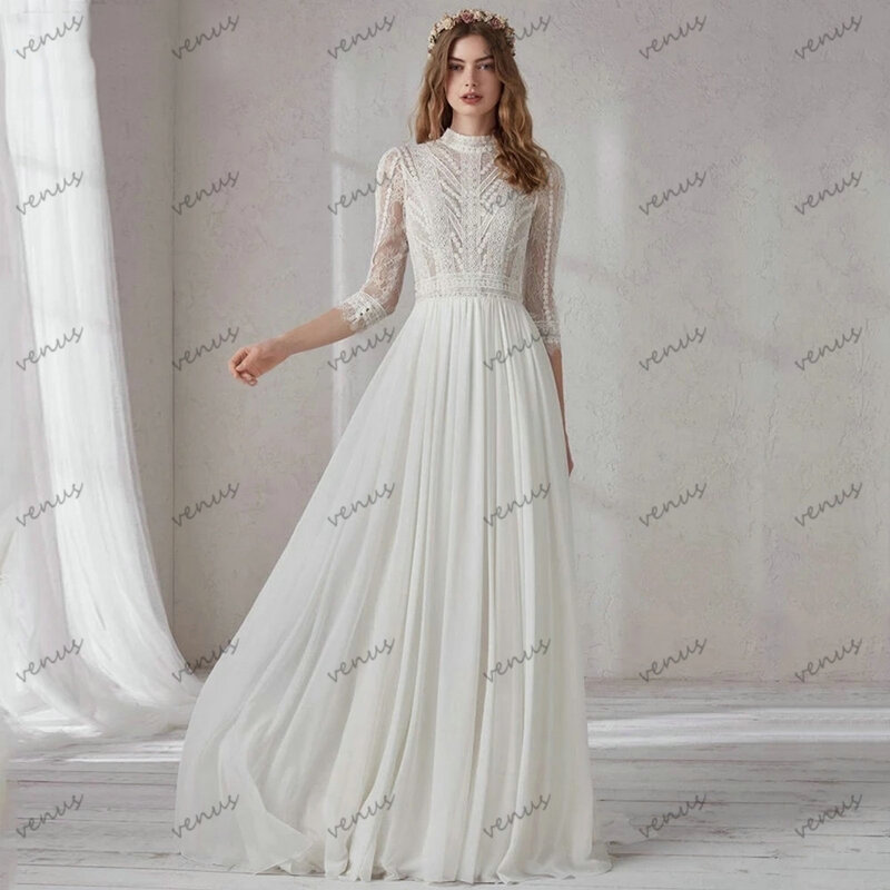 Gaun pengantin sederhana gaun pengantin BOHO jubah sifon A-Line lengan tiga perempat untuk pesta Formal elegan Vestidos De Novia