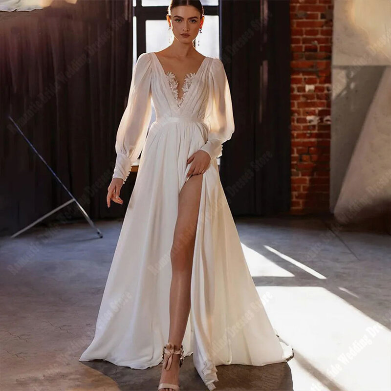 Pernikahan garpu tinggi Solid seksi untuk gaun wanita gaun leher V rendah permukaan Tulle terang terbaru Vestidos De Novias Manga Larga 2024