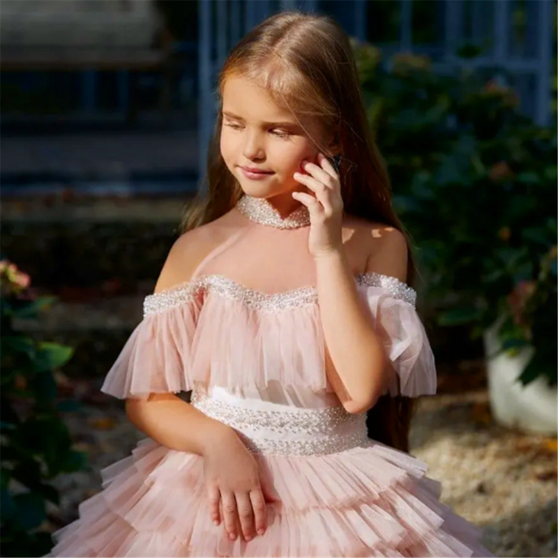 Gorgeous Tulle Lace Layered Shoulder Flower Girl Dress Princess Ball First Communion Dresses Kids Surprise Birthday Present