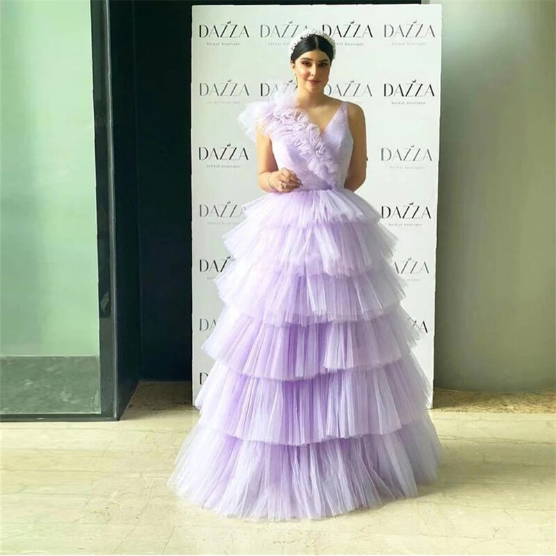 Vestido de noche de tul de varias capas para mujer, vestido de fiesta de boda elegante, púrpura lavanda