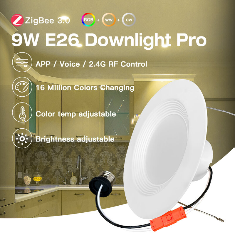 Gledopto ZigBee 3.0 9W RGBCCT LED Downlight E26 US Type Light Color 2200 ~ 6500K Indoor Smart Life Tuya Homey Alexa App Voice RF