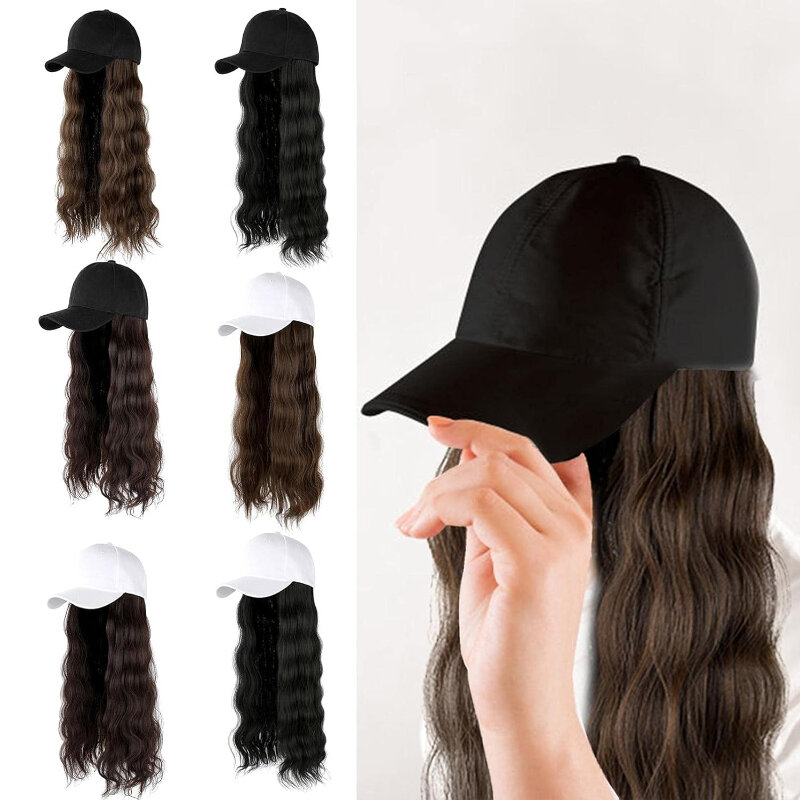 Onepiece gorra de béisbol con extensión de cabello, peinado rizado ondulado, peluca sintética ajustable, sombrero con cabello para mujer y niña, uso diario