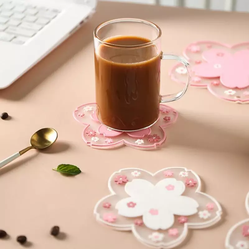Kawaii Cherry Blossom Desk Mat Coffee Cup Coaster Heat Insulation Table Mat for Tea Milk Mug Home Decors Office Desk Organizer