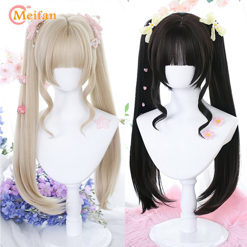 MEIFAN Synthetic Short Straight Wig with Long Ponytail Lolita Cosplay Party  Harajuku Blonde Black Wig With Bangs for Women