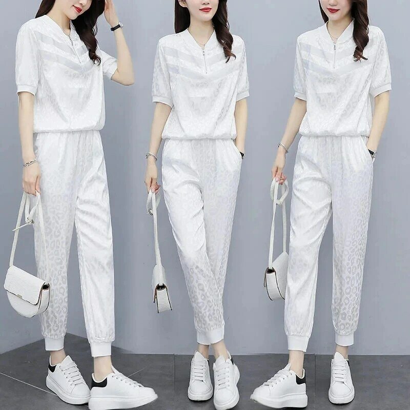 New Summer Women Sport Suit Korean Loose Temperament Short Sleeve Tops + Pants Two Piece Set Sportswear Outfit Ladies 2PCS