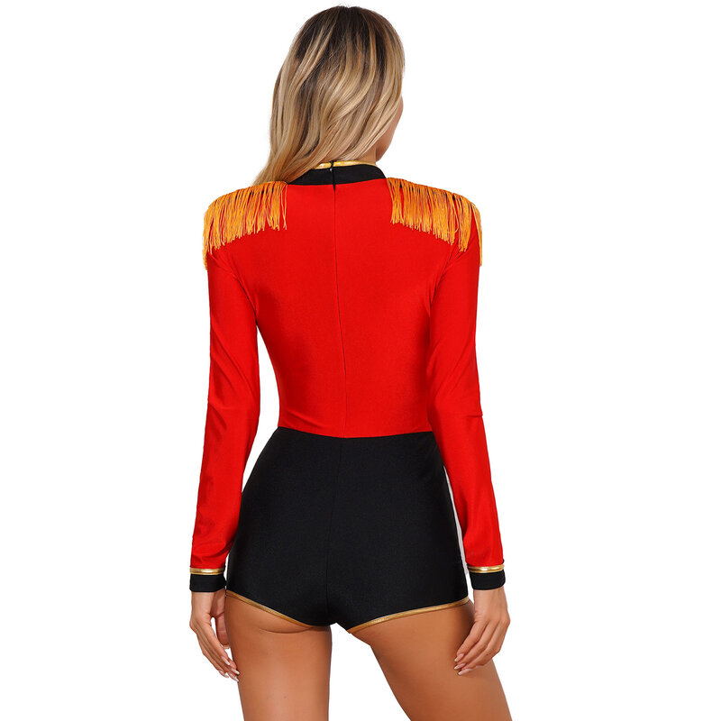 Womens Circus Ringmaster Jumpsuit Halloween Carnival Theme Party Role Play Costume Long Sleeve Velvet Fringed Cosplay Bodysuit