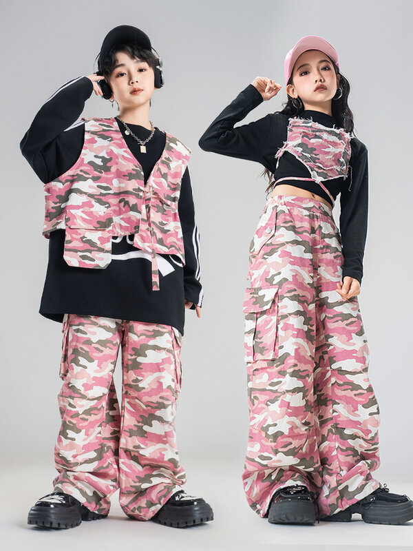 Kid Kpop Hip Hop Clothing Pink Butterfly Crop Tank Top Camouflage Casual Wide Cargo Pants for Girl Jazz Dance Costumes Clothes