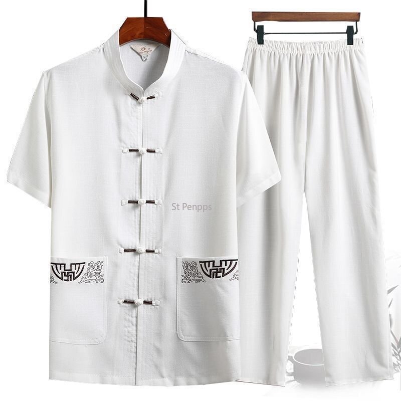 Traje Tang de seda de hielo para hombres, conjunto de manga corta, traje de verano, papá de mediana edad y ancianos, traje de abuelo Hanfu bordado
