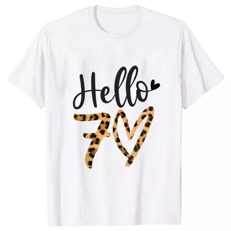Camiseta de leopardo feminina, roupa de verão, esquadrão de aniversário, blusa de manga curta, festa de aniversário Hello 70 Tops