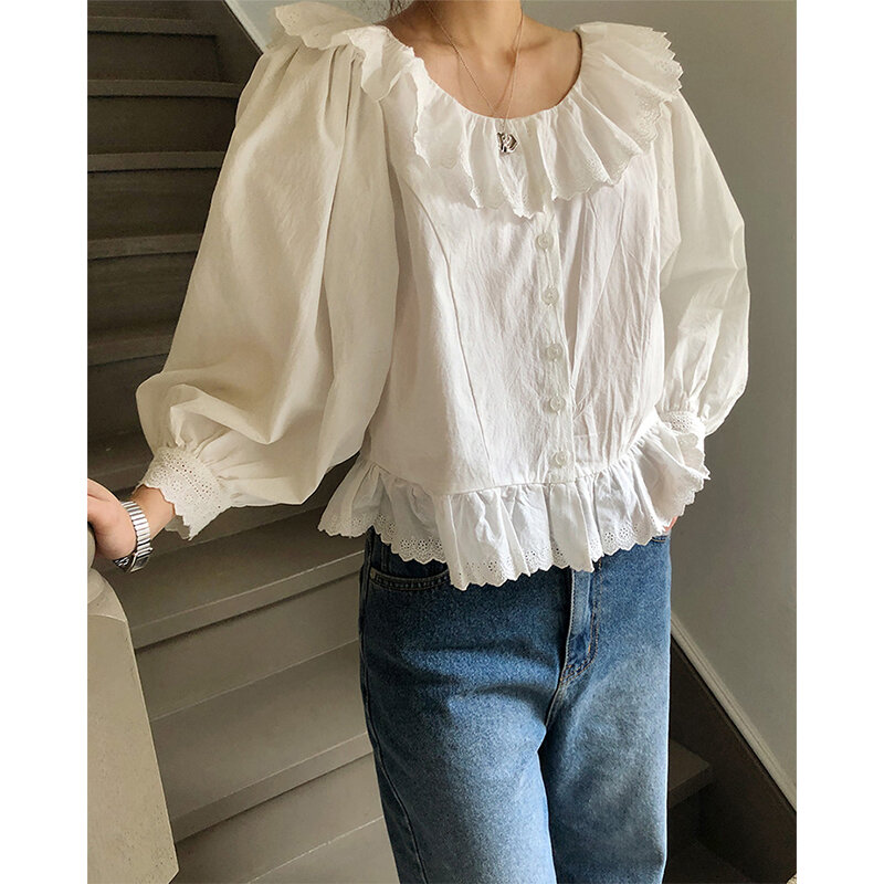 MEXZT blus katun murni wanita, kemeja putih renda Vintage tambal sulam Korea elegan Ruffles lentera lengan panjang atasan kasual baru