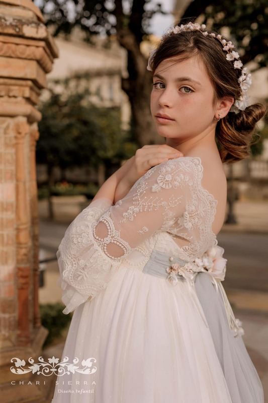 FATAPAESE gaun Komuni romantis, potongan tipis bordir v-back lengan Perancis dan rok ganda anak perempuan bunga