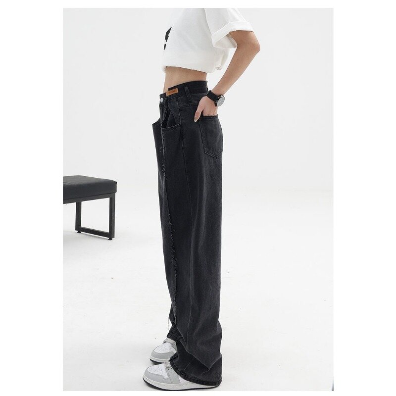 Deeptown celana jins Vintage Y2k, celana Denim hitam kaki lebar Harajuku, celana Denim pinggang tinggi wanita, celana Streetwear Korea 2024