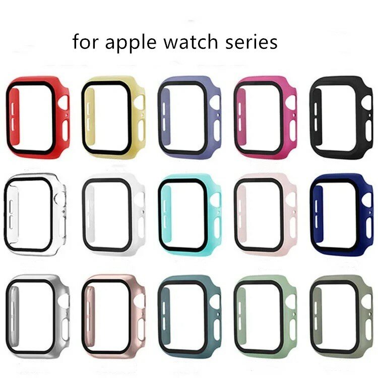 PC + Casing Kaca untuk Apple Watch 40 44MM Pelindung Layar Bening untuk IWatch 8 7 6 5 4 3 2SE 38 40MM 41MM 42 44 45MM Casing Penutup Jam