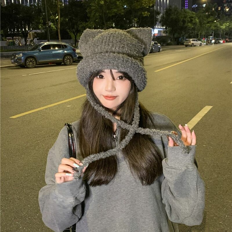 Японская нишевая вязаная шапка, милая Шапка-бини Y2K с ушками медведя, Осенняя шапка с длинным ремешком для защиты ушей для женщин