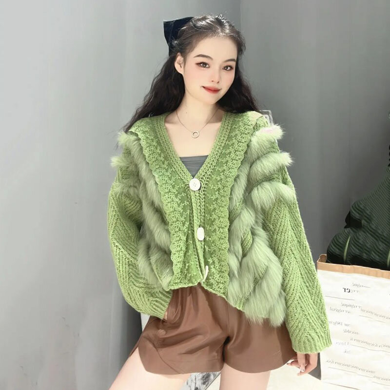 Women Spring Loose Knitted Real Fox Fur Cardigan Sweater Coat Casual Strip Genuine Fur Open Stitch With Button Outwear