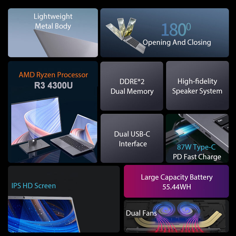 2022 MAX 64GB RAM 4GB 2TB M.2 SSD 15.6 Inch Kim Loại Ultrabook AMD Ryzen 3 4300U Windows 10 pro Chơi Game Máy Tính Xách Tay Loại C